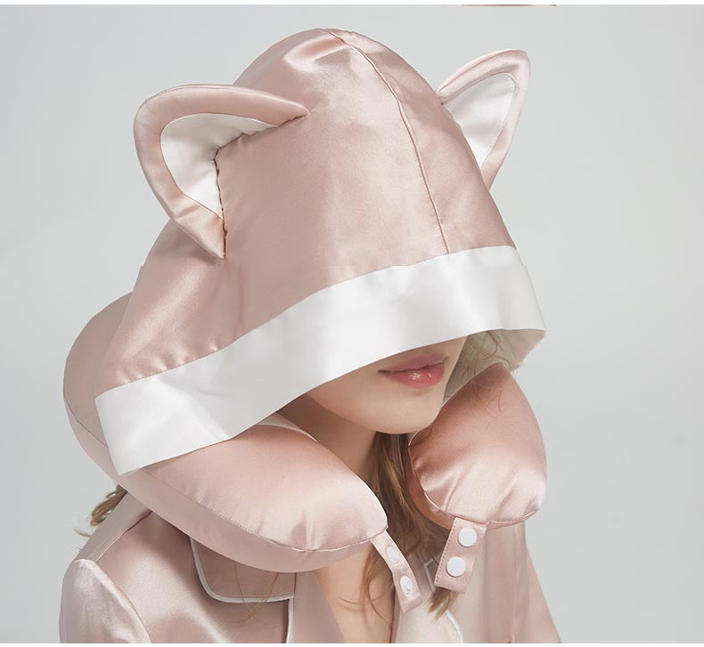 Mulberry Silk Neck Pillow with Kitty Hood, Best Gift for Her