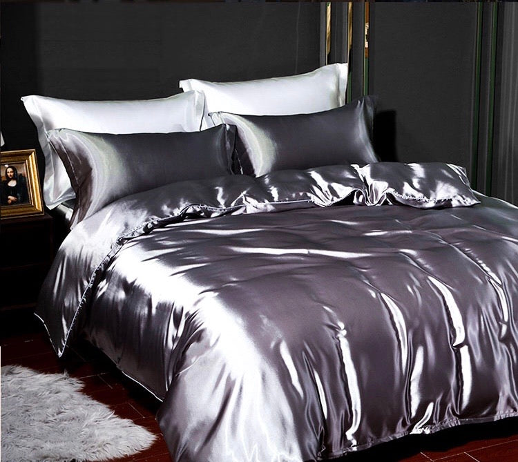 4-piece Satin Silk Sheets Set Multicolor, Flat Sheet Duvet Cover Pillowcases