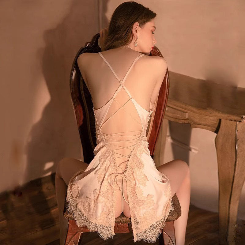 Sexy Semi See-through Satin + Lace Sleep Dress/ Camisole, Lower Back O Sexy Semi See-through Satin + Lace Sleep Dress/ Camisole, Lower Back O
