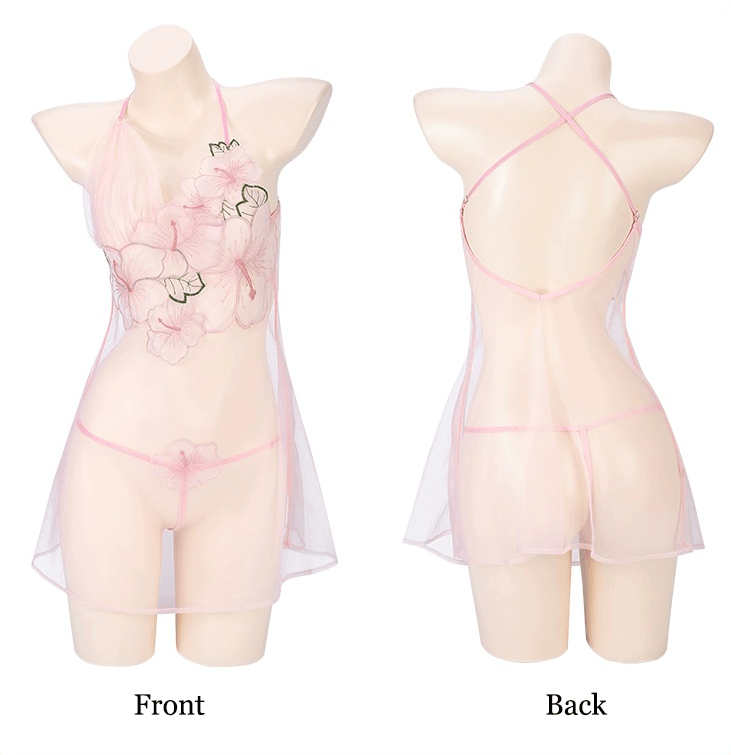 2-Piece Set Sexy Semi See-through Pink Polyester Lace Chiffon Dress/ Camisole with G-String, Lower Back Opening
