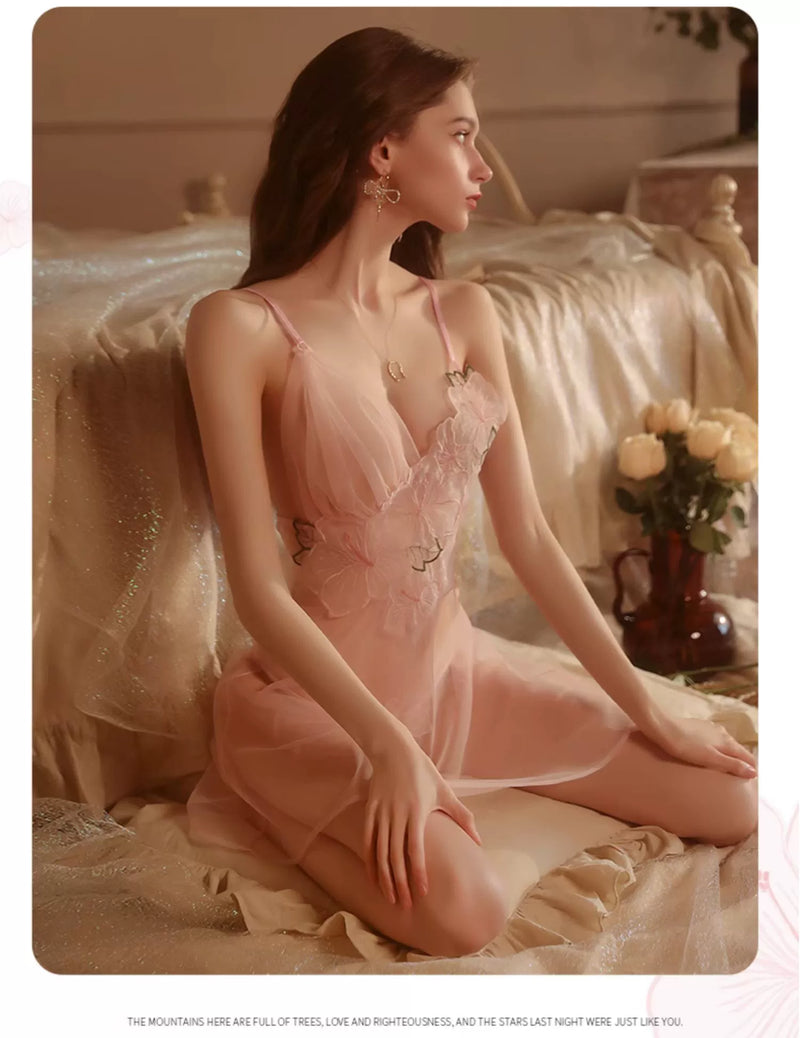 2-Piece Set Sexy Semi See-through Pink Polyester Lace Chiffon Dress/ Camisole with G-String, Lower Back Opening