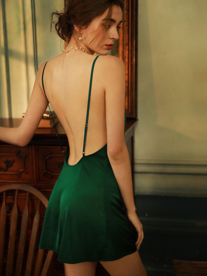 Satin Silk Backless Dress/ Camisole (Emerald/ Black)