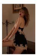 2-Piece Set Sexy V-Neck Satin Silk Lace Sleep Dress/ Camisole with G-String