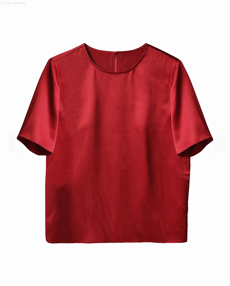 100% Pure Mulberry Silk T Shirt, Champagne/ Red