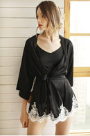 Satin Robe Set with Lace for Spring & Summer, Bridesmaid Robe, Black Satin Dress