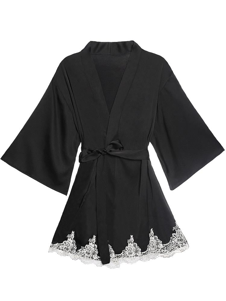 Satin Robe Set with Lace for Spring & Summer, Bridesmaid Robe, Black Satin Dress