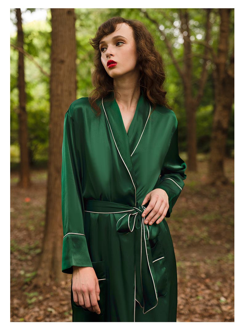 Luxury Mulberry Silk Long Robe for Spring, Bridesmaid Robe, Emerald Preppy Pajams, Gift for Her