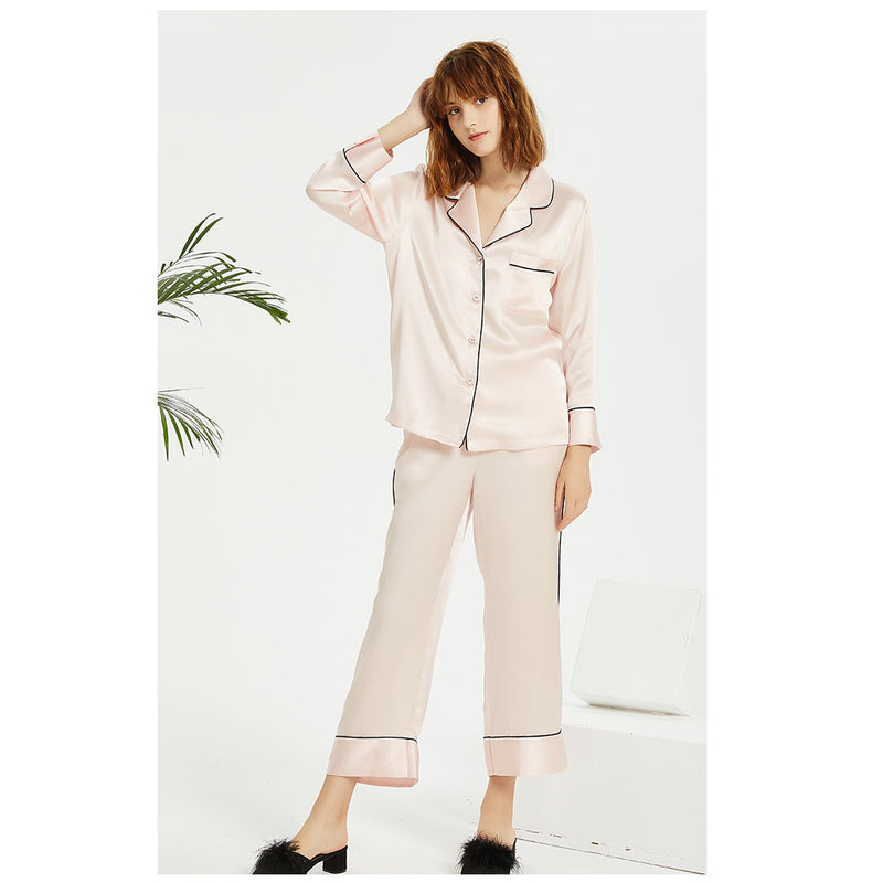 Pure Mulberry Silk Long Sleeve Pajamas for Spring 2-piece, Preppy Pajamas, Best Gift