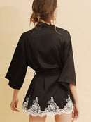Satin Robe Set with Lace for Spring & Summer, Bridesmaid Robe, Black Satin Dress