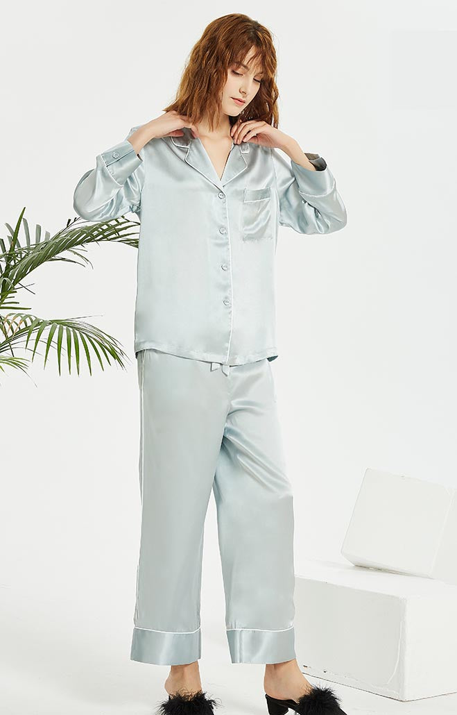 Pure Mulberry Silk Long Sleeve Pajamas for Spring 2-piece, Preppy Pajamas, Best Gift