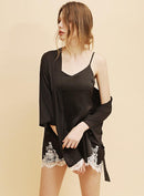 Satin Robe Set with Lace for Spring & Summer, Bridesmaid Robe, Black Satin Dress