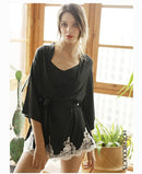 Satin Robe Set with Lace for Spring & Summer, Bridesmaid Robe, Black Satin Dress