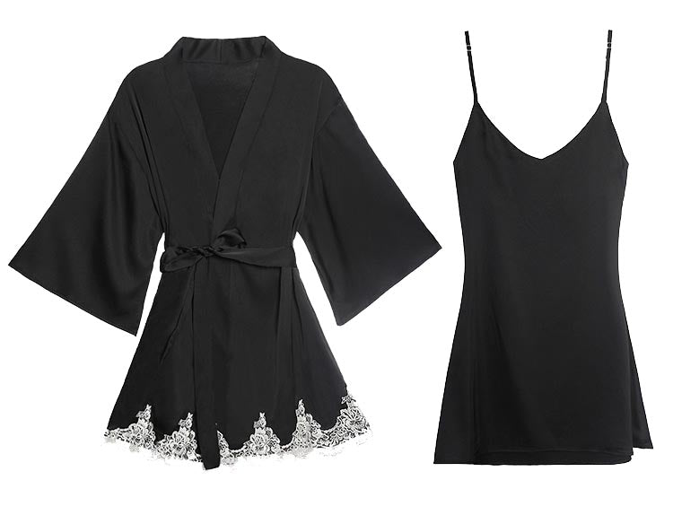 Satin Robe Set with Lace for Spring & Summer, Bridesmaid Robe, Black Satin Dress