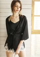 Satin Robe Set with Lace for Spring & Summer, Bridesmaid Robe, Black Satin Dress