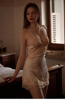 2-Piece Set Sexy V-Neck Satin Silk Lace Sleep Dress/ Camisole with G-String