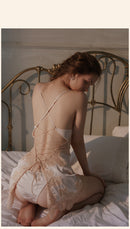 2-Piece Set Sexy V-Neck Satin Silk Lace Sleep Dress/ Camisole with G-String