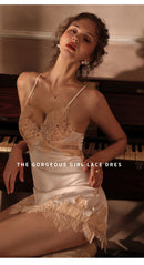 2-Piece Set Sexy V-Neck Satin Silk Lace Sleep Dress/ Camisole with G-String