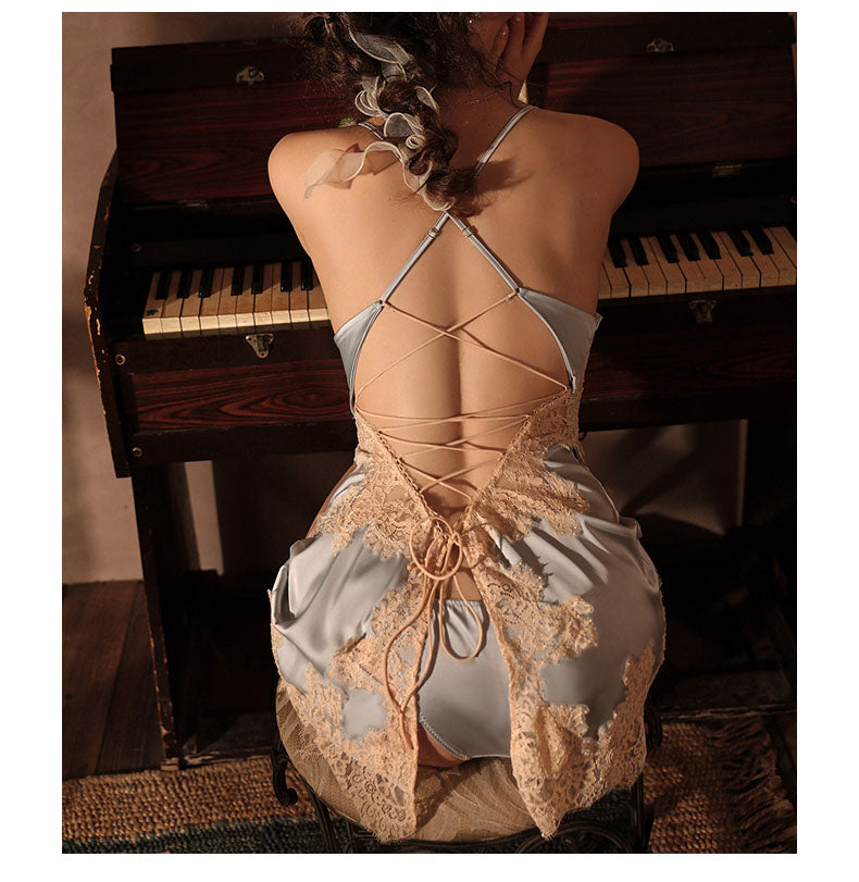 2-Piece Set Sexy V-Neck Satin Silk Lace Sleep Dress/ Camisole with G-String