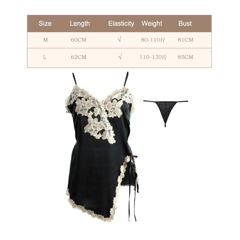 2-Piece Set Sexy Lower Side Opening Polyester Silk Lace Sleep Dress/ Camisole with G-String
